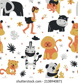 Cute animals color vector seamless pattern. Characters cartoon texture. Scandinavian illustration. Web, wrapping paper, textile, background fill