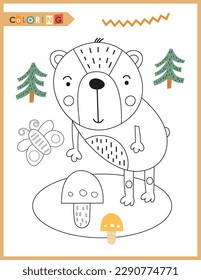 Cute animals coloring page printable for children. Preschool games. Bear in forest. Vector illustration.