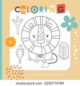 Cute animals coloring page printable for children. Preschool games. Cute Lion. Vector illustration. Book square format.