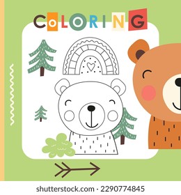 Cute animals coloring page printable for children. Preschool games. Bear in forest and rainbow. Vector illustration. Book square format.