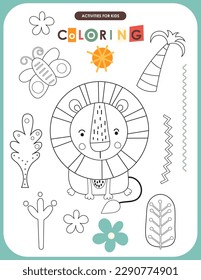 Cute animals coloring page printable for children. Preschool games. Cute Lion. Vector illustration.