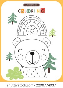 Cute animals coloring page printable for children. Preschool games. Bear in forest and rainbow. Vector illustration.