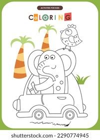 Página de coloreado de animales pequeños imprimible para niños. Juegos preescolares. Elefante en el auto. Ilustración vectorial.