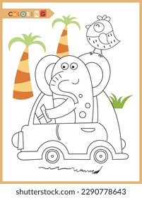 Cute animals coloring page printable for children. Preschool games. Elephant in car. Vector illustration.