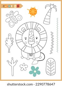 Cute animals coloring page printable for children. Preschool games. Cute Lion. Vector illustration.