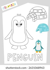Cute animals coloring page printable for children. Preschool games. Cute penguin. Vector illustration.