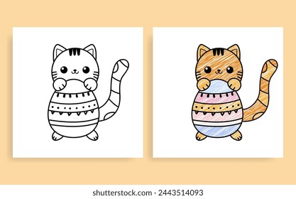 cute animals coloring page vector illustration with cat and Easter Egg