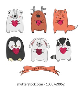 CUTE ANIMALS Comic Valentine's Day Cartoon Vector Illustration Set for Print, Fabric and Decoration.
