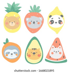 果物の衣装をしたかわいい動物 滑稽なカワイイフルーツ 赤ちゃん用のベクターイラスト 漫画のキャラクターベア パンダ ナマケモノ コアラ ティガー 猫 のベクター画像素材 ロイヤリティフリー Shutterstock