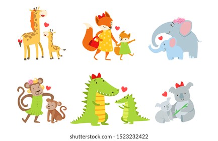 Cute animals couple mom and baby. Vector illustration.