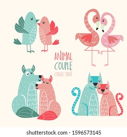 Cute animals couple set. A heart above their heads. The inscription calligraphy "You are my love"