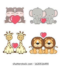 Cute animals couples in love collection.  Vector illustration.