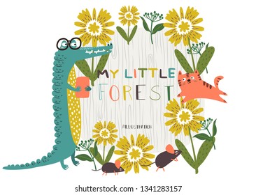 Cute Animals Crocodile and Tiger happy in Garden pattern. Vector illustration.