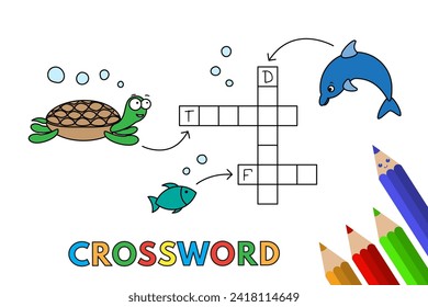 Cute animals crossword with dolphin, fish and turtle. Vector illustration for children education
