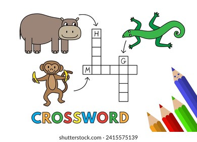 Cute animals crossword with hippo, monkey and gecko. Vector illustration for children education