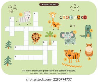 Cute animals crossword page printable for children. Preschool games. Jungle animals. Vector illustration.