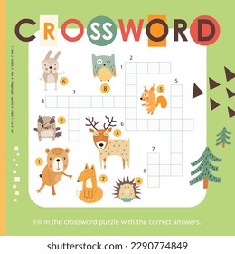 Cute animals crossword page printable for children. Preschool games. Forest animals. Vector illustration. Book square format.