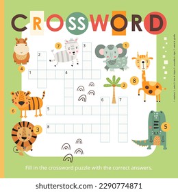 Cute animals crossword page printable for children. Preschool games. Jungle animals. Vector illustration. Book square format.