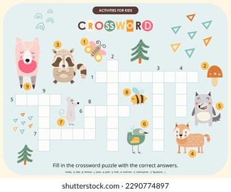 Cute animals crossword page printable for children. Preschool games. Woodland animals. Vector illustration.