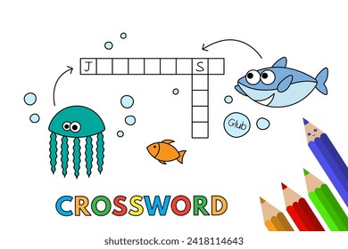 Cute animals crossword with shark, fish and jellyfish. Vector illustration for children education