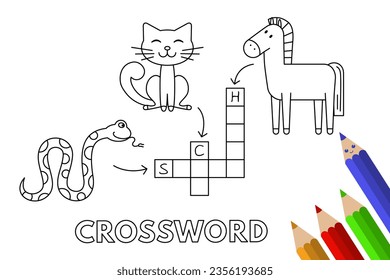 Cute animals crossword. Vector coloring book pages for children education