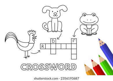 Cute animals crossword. Vector coloring book pages for children education