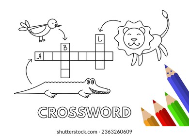 Cute animals crossword. Vector coloring book pages for children education