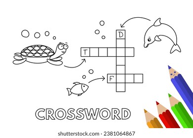 Cute animals crossword. Vector coloring book pages for children education