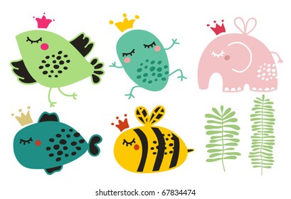 Cute animals in crown set. Vector illustration.