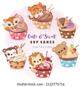 Cute animals and cup cakes illustration set