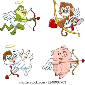 Cute Animals Cupid Cartoon Characters. Vector Hand Drawn Collection Set Isolated On Transparent Background