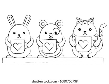 cute animals with cups kawaii character