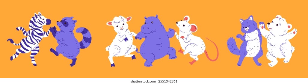 Cute animals dancing with each other. Music party. Holiday, birthday. Zebra, raccoon, lamb, hippopotamus, rat, cat and bear. Happy character. Animal. Vector illustration isolated on orange background.