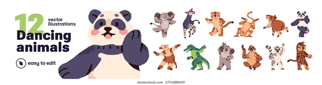 Cute animals are dancing for joy set. Happy anthropomorphic panda, elephant, crocodile, sloth have fun with music. Funny characters celebrate success. Flat isolated vector illustrations on white