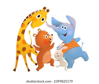 Cute animals dancing and jumping playing, happy graphics for kids party and children events. Artistic vector hand drawn zoo cartoon. Clip art illustration in watercolor style for kids.