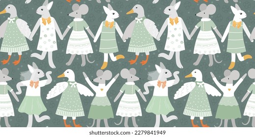 Cute animals dancing pattern. Lovely kids style illustration. Seamless print with forest dance. Mouse, duck and hare. Fairy fauna in nice dresses. Green and orange colors. Vector surface design.