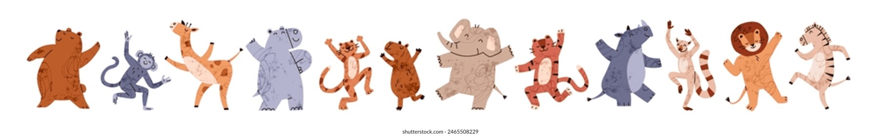 Cute animals dancing set. Funny forest and jungle baby characters having fun. Happy bear, cat, elephant, giraffe, lion and tiger dancers. Kids flat vector illustration isolated on white background