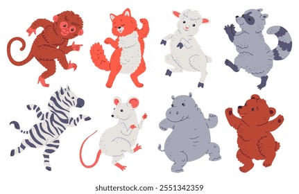 Animales lindos bailando y sonriendo. Ovejas y gatos divertidos de la historieta, cebra, mapache, hipopótamo y ratón, oso y mono se divierten en la fiesta de discoteca. Entretenimiento musical. Conjunto de mamíferos felices de Vector aislados