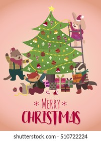 Cute animals decorate Christmas tree to celebrate Christmas.
vector illustration with rabbit, fox, otter,badger, and christmas tree.