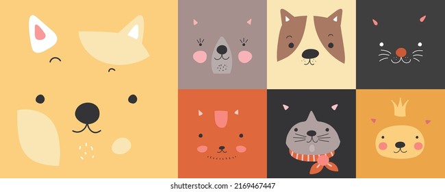 Cute animals decorative prints. Cats or kittens faces for kids, scandinavian textile decor for pillows, carpets, clothes. Baby cards vector template