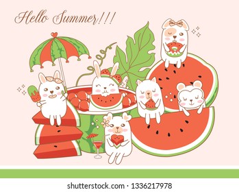 Cute animals delicious with watermelon
