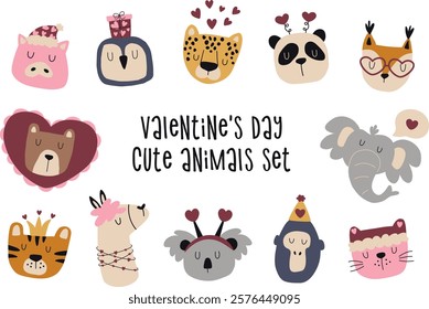 Cute animals with different accessories set. Illustrations with animals for valentines day. Festive set for valentine's day cards, posters and stickers.