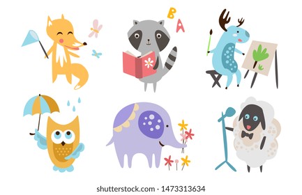 Cute Animals Different Activities Set, Adorable Humanized Animals Characters Playing, Reading Book, Painting, Walking, Singing Illustration