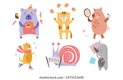 Cute Animals Different Activities Set, Adorable Humanized Animals Characters Engaged in Sports, Juggling, Sleeping, Eating Vector Illustration