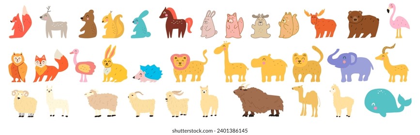 Cute animals from different habitats. Children design. Flat vector illustrations on white background. 