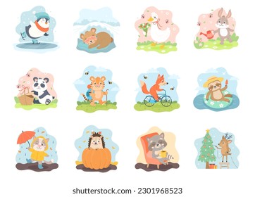 Cute animals in different seasonal scenes. Set for calendar or cards, cute animals, hand drawn vector illustrations collection