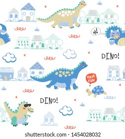Cute animals dino pattern vector