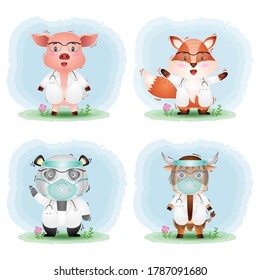 a cute animals with doctor costume collection: pig, fox, panda and yak