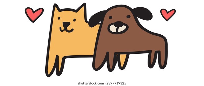 Animales bonitos. Perro y gato. Concepto de adopción de mascotas. Ilustración vectorial dibujada a mano. Diseño gráfico sobre fondo blanco. 