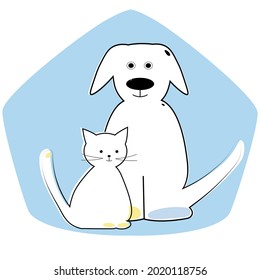 Cute animals, a dog and a kitten drawn in one line with an abstract spot in the shape of a house on a white background. Taking care of animals. For a veterinary clinic, pet care, a doctor.